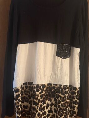 Black & White Colorblock Top with Sequin Pocket and Leopard Hem